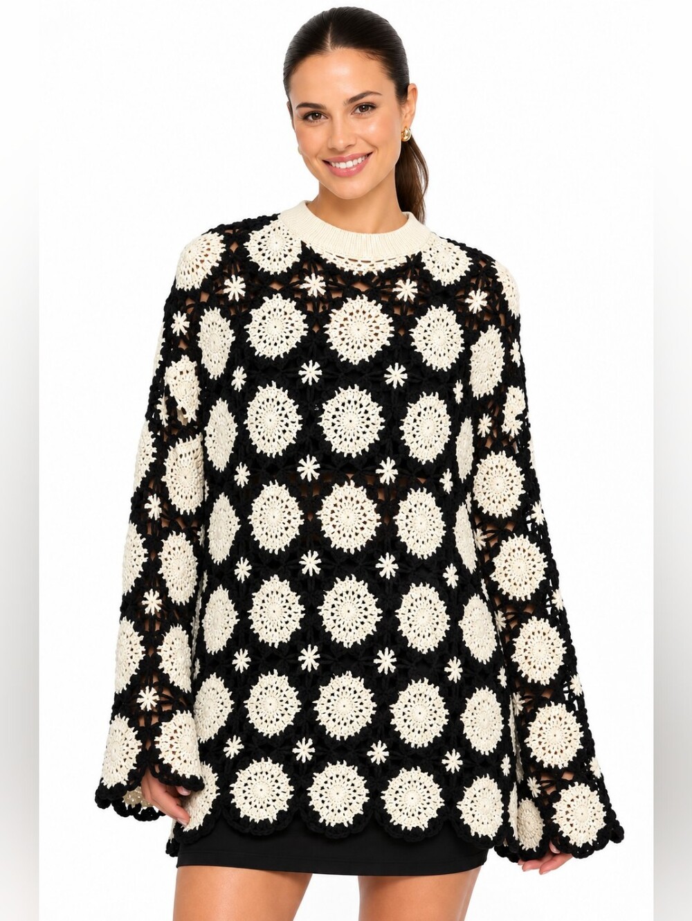 Jason Wu Crochet Sweater Black Ivory Bell Sleeve Oversized Size S NWT $595